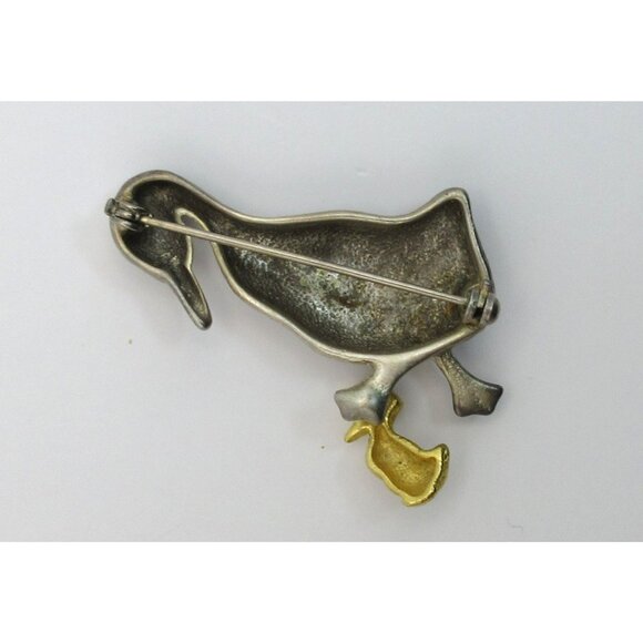 Vintage Pewter Mother Duck With Trembler Gold Tone Duckling Pin Brooch 2" - Picture 5 of 6